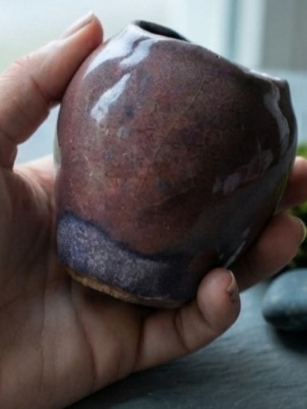 Handmade Studio Pottery Mini Bud Vase Plum Mauve Craquelure Glaze Stoneware